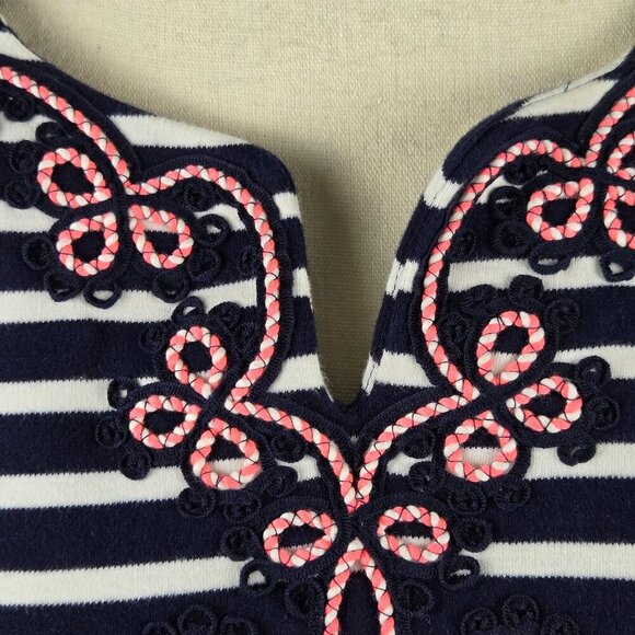 Talbots Petite Size Large Blue White Striped Shift Dress 3/4 Sleeve Embroidery - Picture 3 of 10